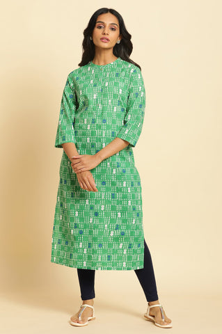 Green Geometric Mandarin Collar Straight Kurta