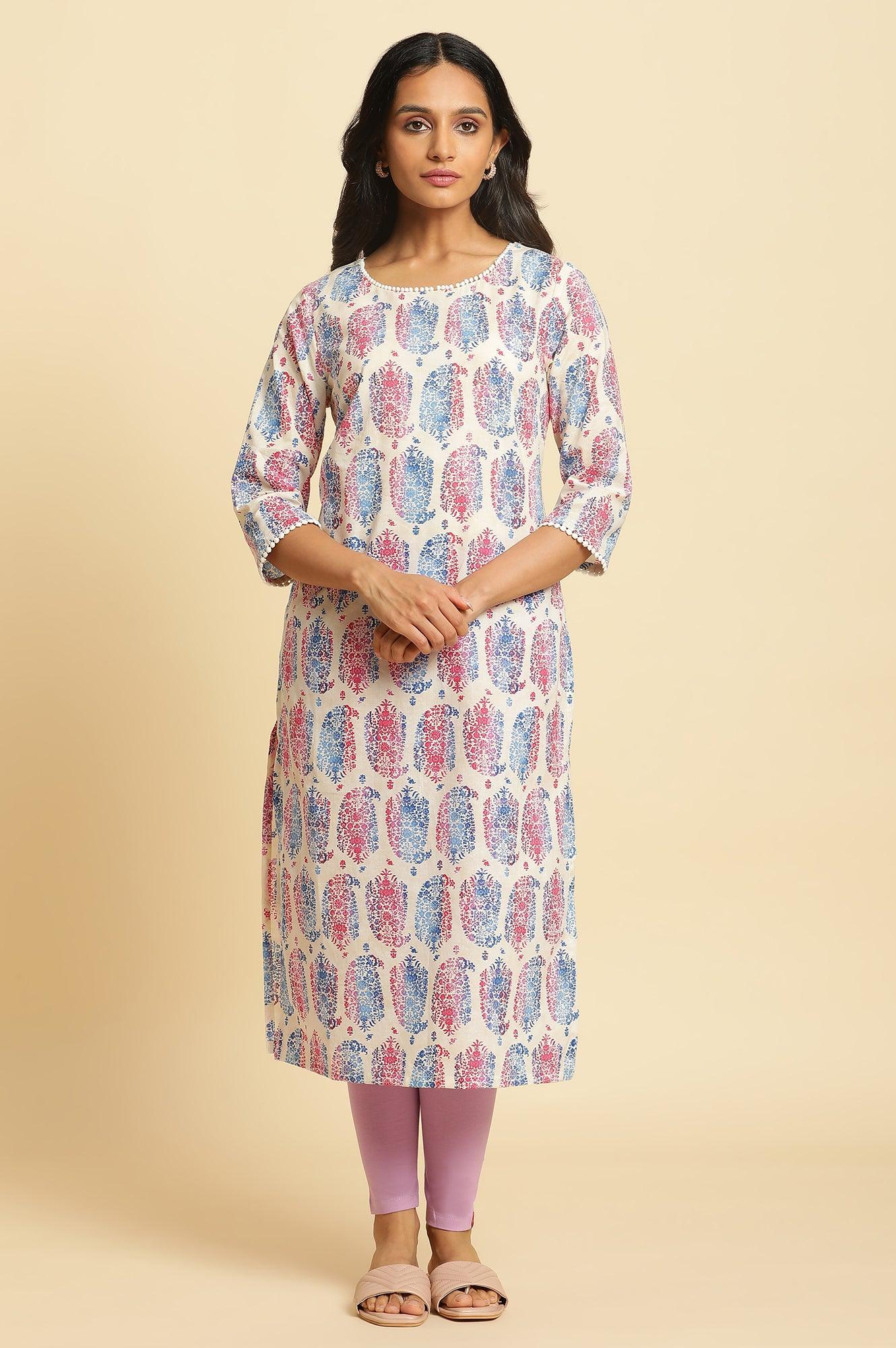 Ecru Straight Kurta In Bright Multi-Coloured Prints