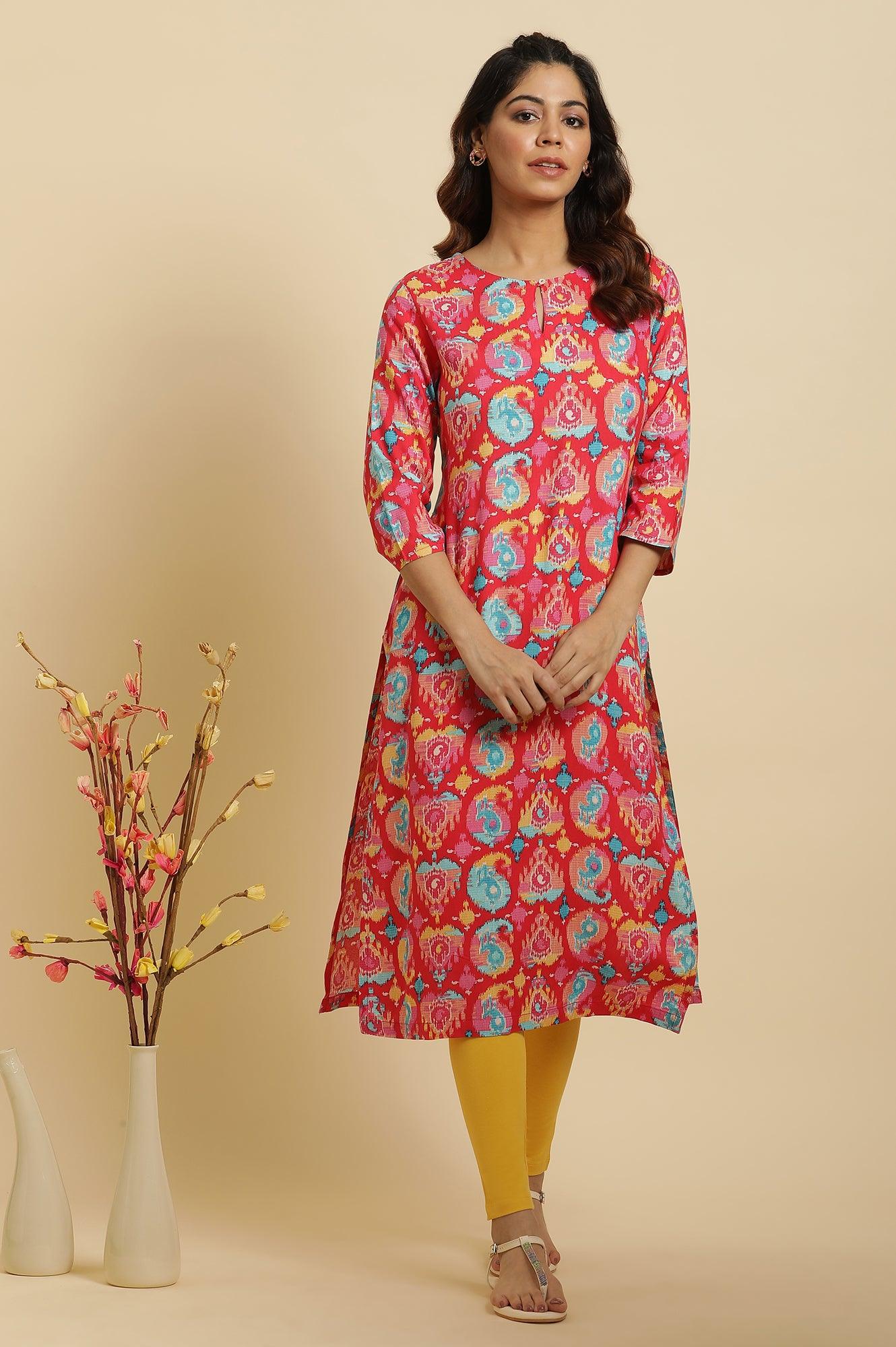 Red Straight Kurta With Multi-Coloured Print