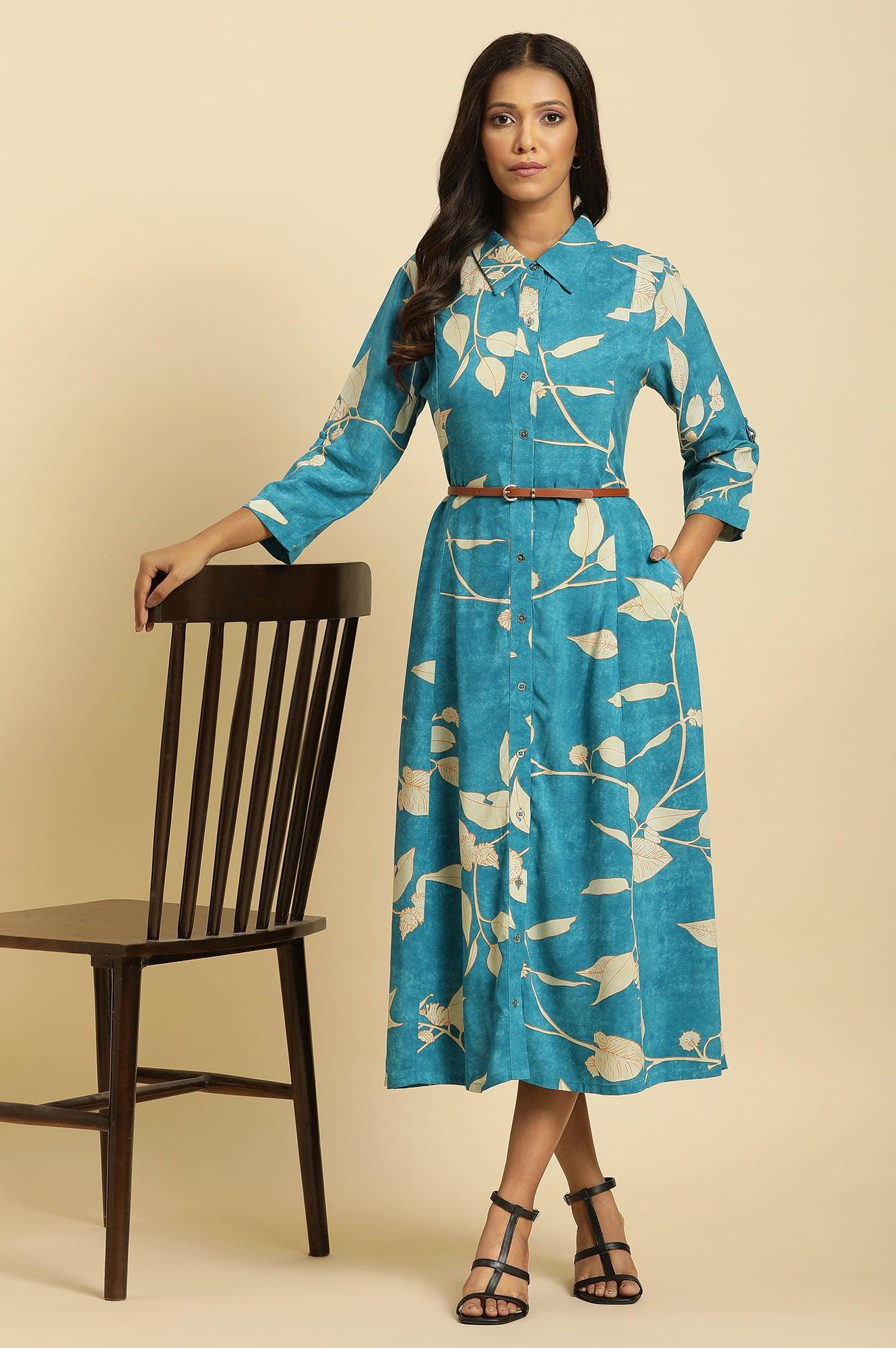 Blue Long Shirt Dress In Abstract Print