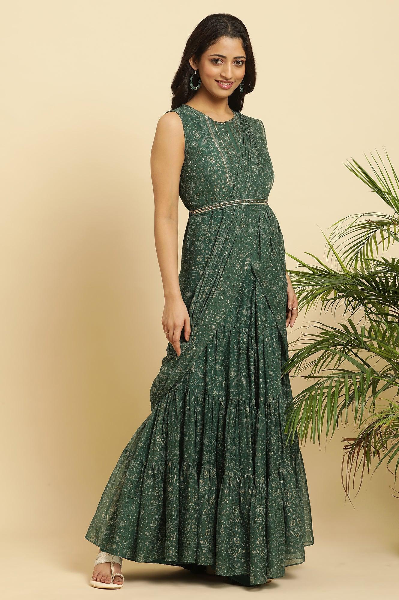 Green Foil Printed Chiffon Sharara Saree Dress