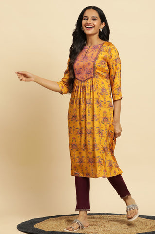 Yellow Shantung Kurta with Chunky Embellishment