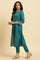 Teal Blue Slim Pant With Embroidered Hemline