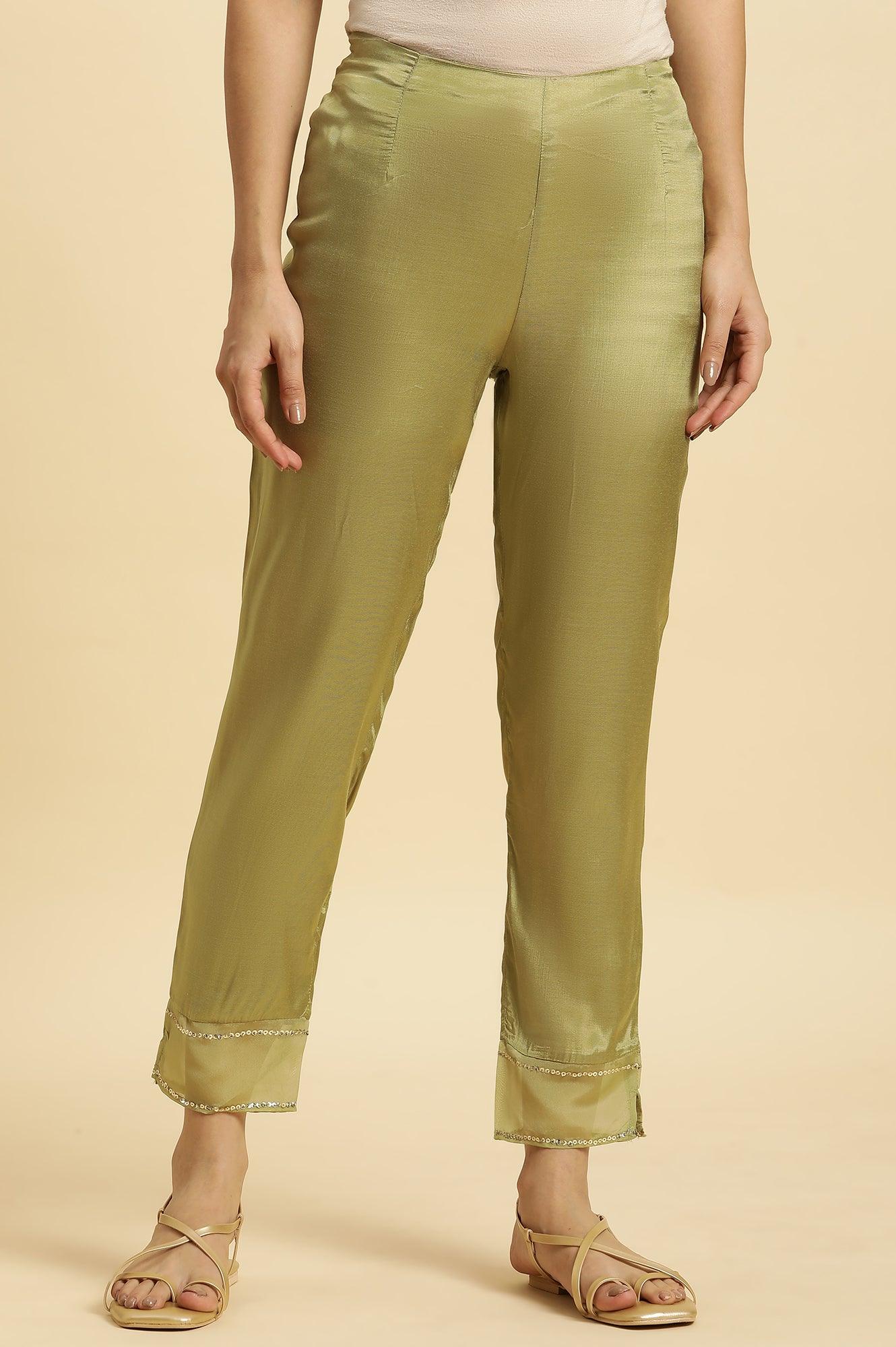 Green Solid Slim Pants With Organza Insert