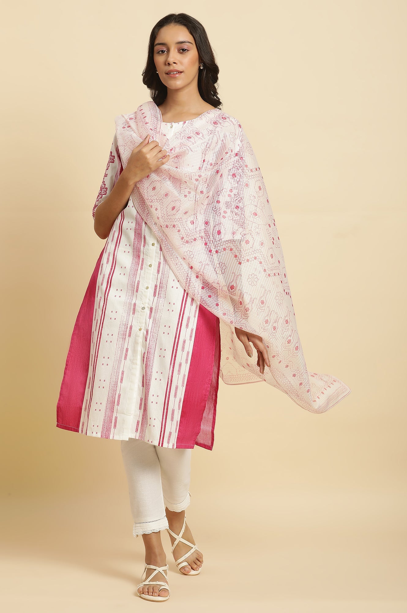 White Kota Dupatta In Pink Print