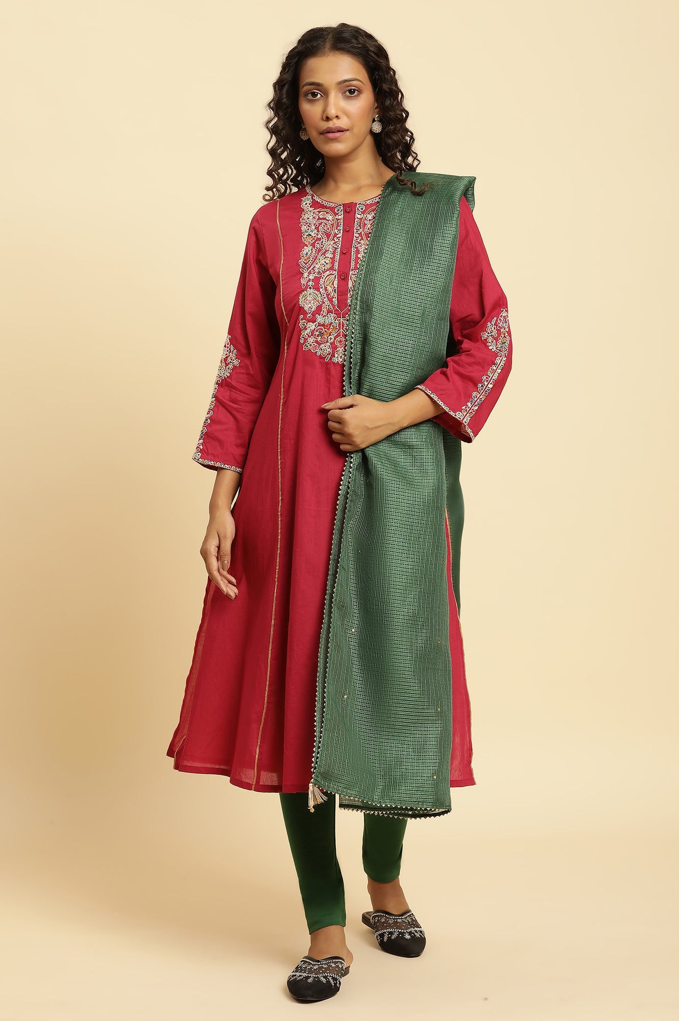 Dark Green Embellished Kota Dupatta With Gota