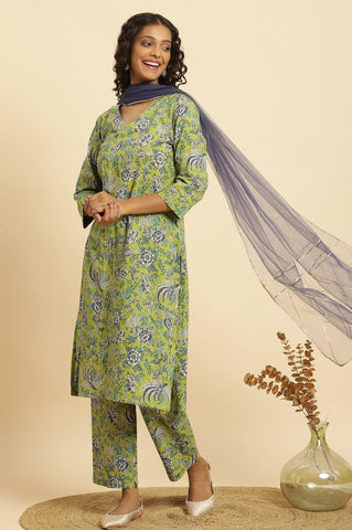 Light Green Floral Printed Kurta, Pants And Dupatta Set