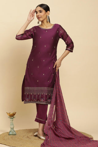 Purple Metallic Embroidered Kurta, Pants And Dupatta Set