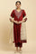 Red Panelled Embroidered Kurta, Slim Pants And Dupatta Set