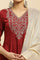 Red Panelled Embroidered Kurta, Slim Pants And Dupatta Set