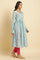Blue Printed Anarkali Kurta, Pants & Dupatta Set