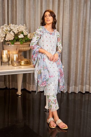 Sky Blue Floral Printed Kurta, Pants And Dupatta Set