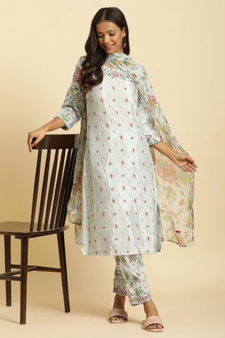 Sky Blue Floral Printed Kurta, Pants And Dupatta Set