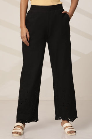 Black Embroidered Semi Flared Cotton Palazzo With Side Pockets