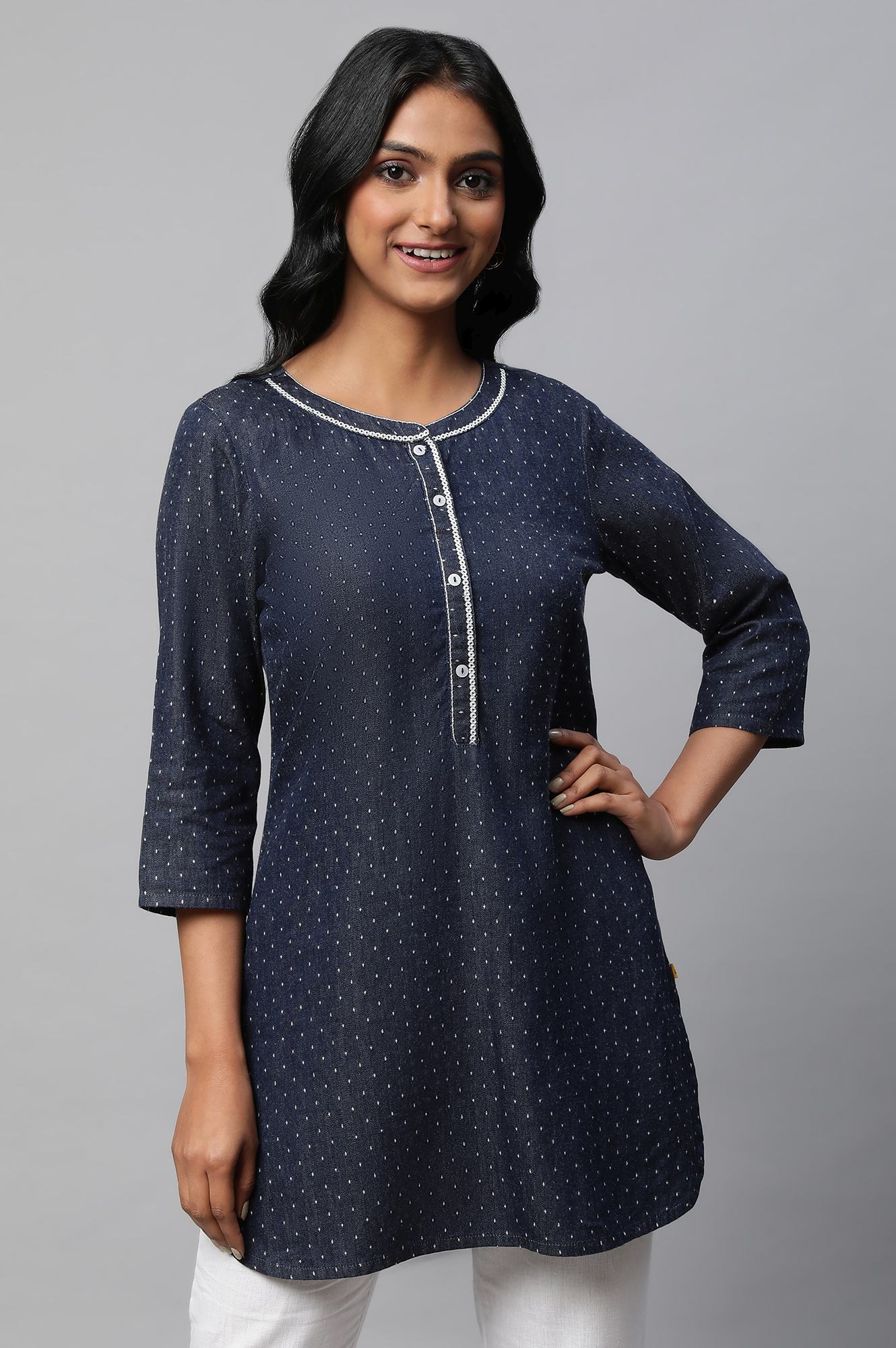 Blue Denim Jacquard Short kurta