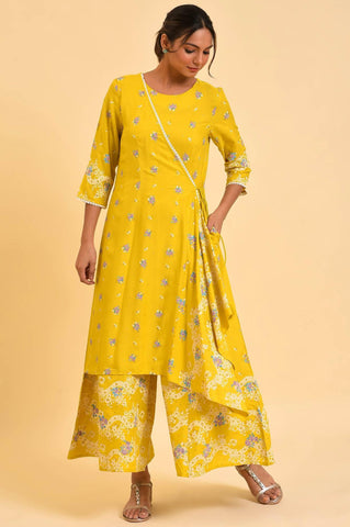 Yellow Glitter Printed Angrakha Jumpsuit