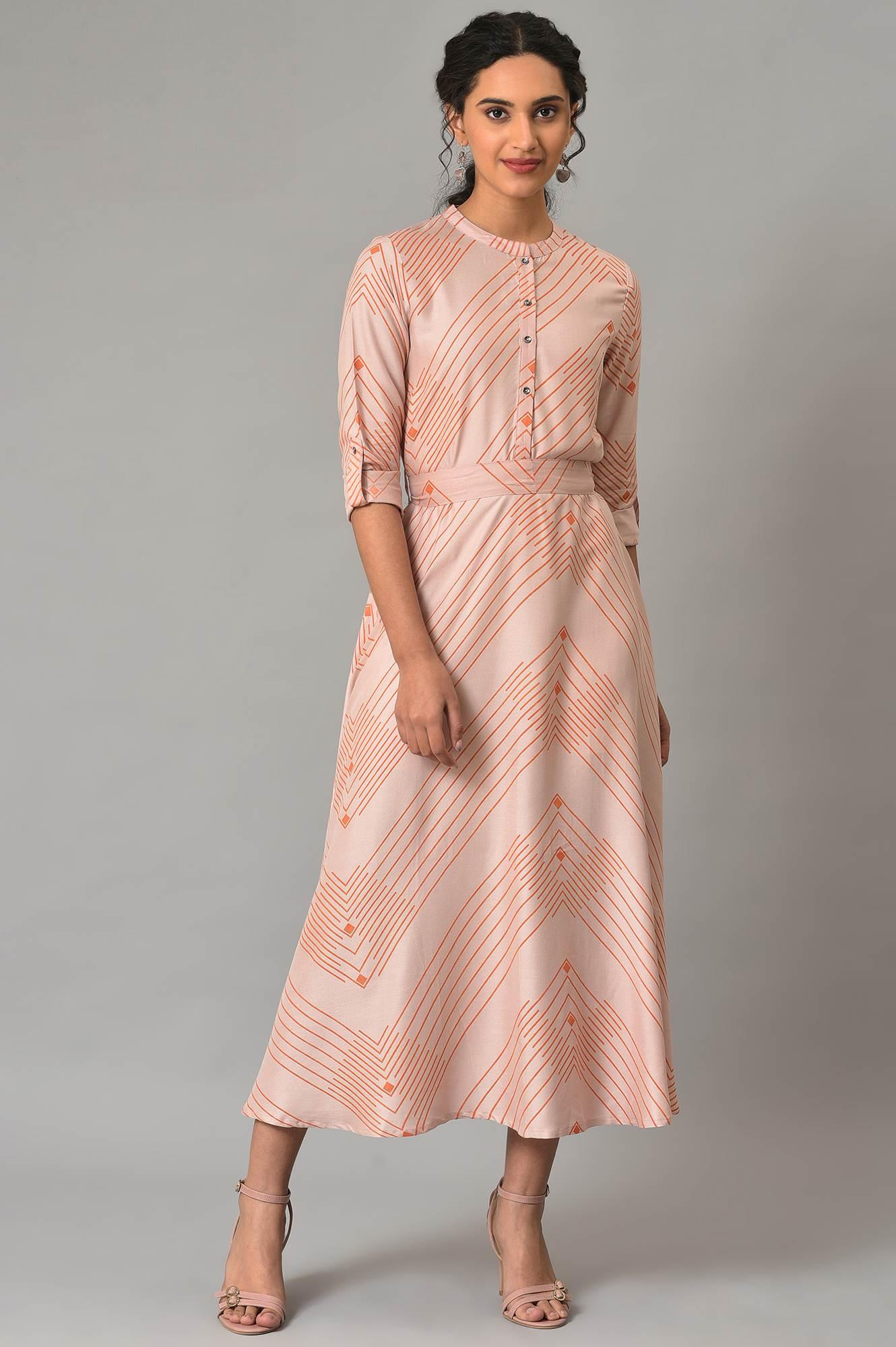 Dusty Pink Matrix Printed Circular Shirt Dress With Belt