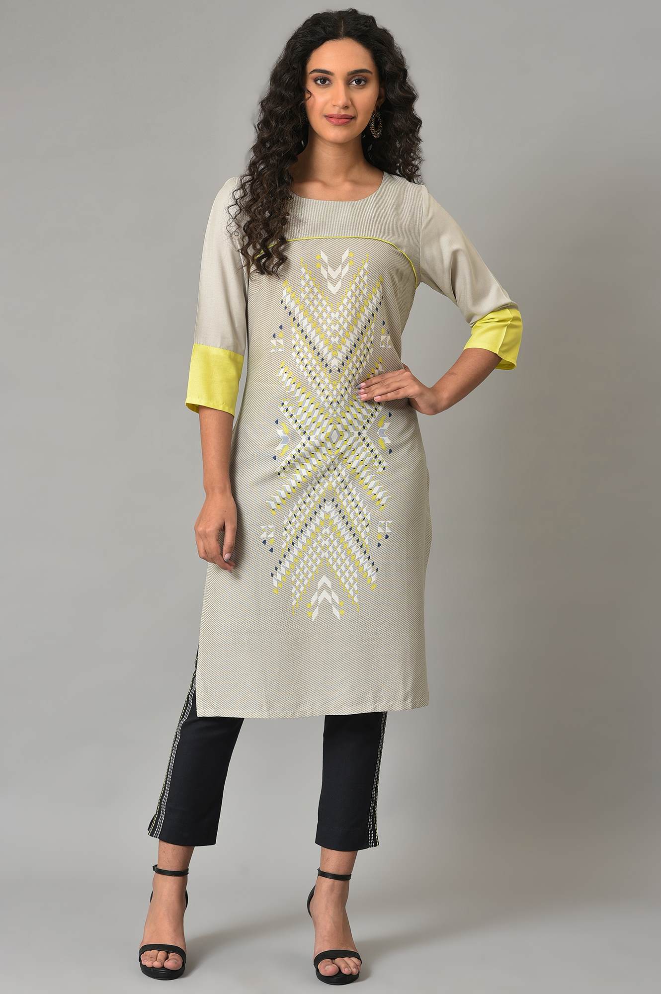 Grey Placement Print Straight kurta