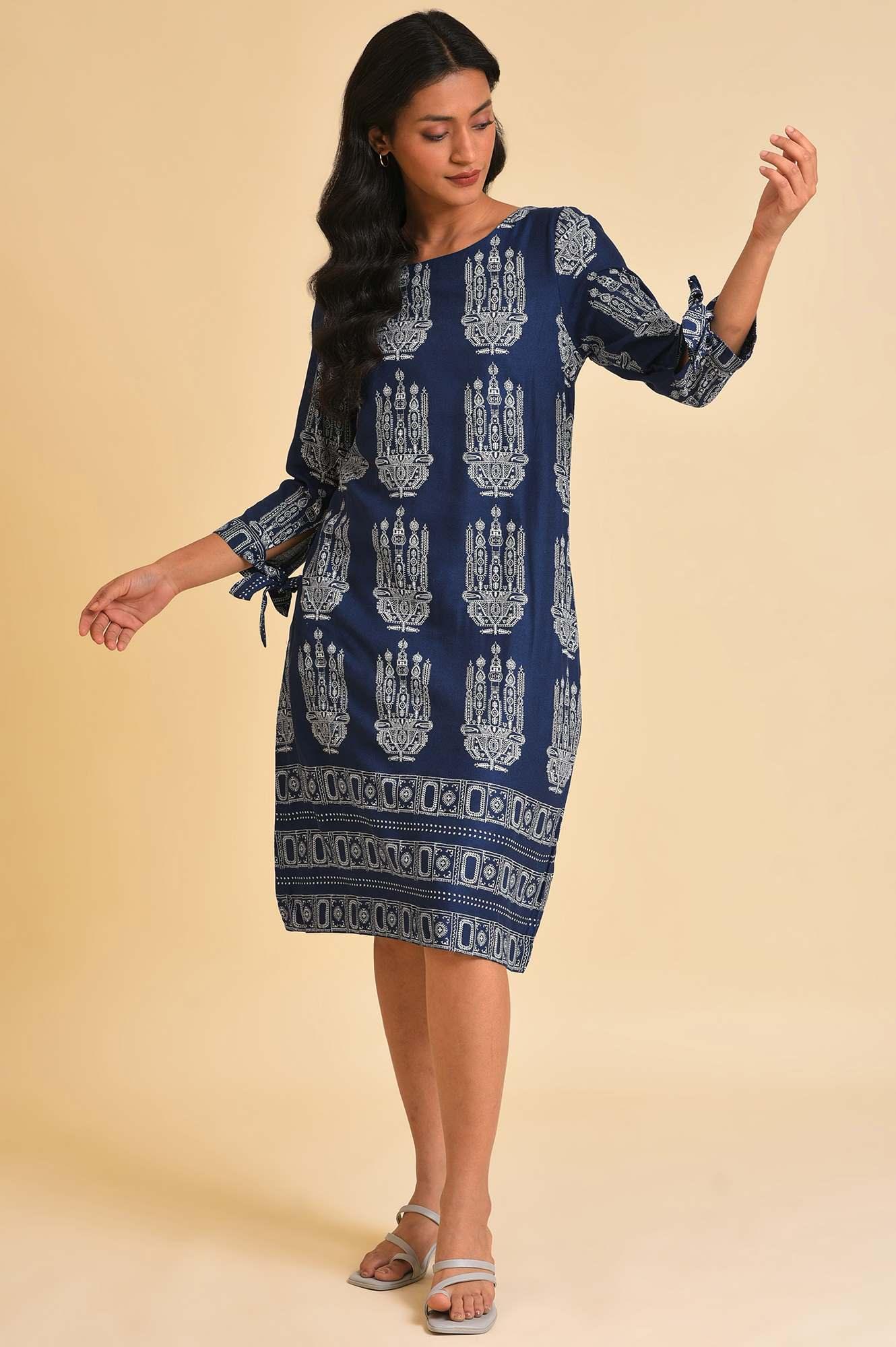Blue Geometric Print Straight Dress