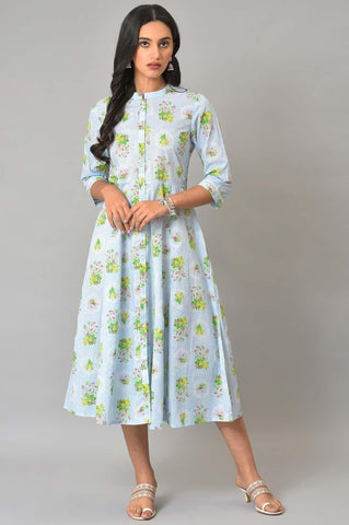 Blue Floral Printes Summer Shirt Dress