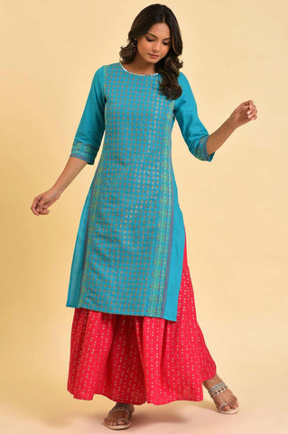 Plus Size Blue Round Neck Dobby kurta With Sequins