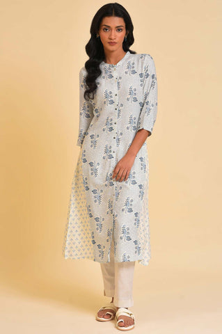 Plus Size White Printed Button Down kurta