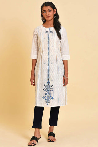 White Placement Print Dobby kurta