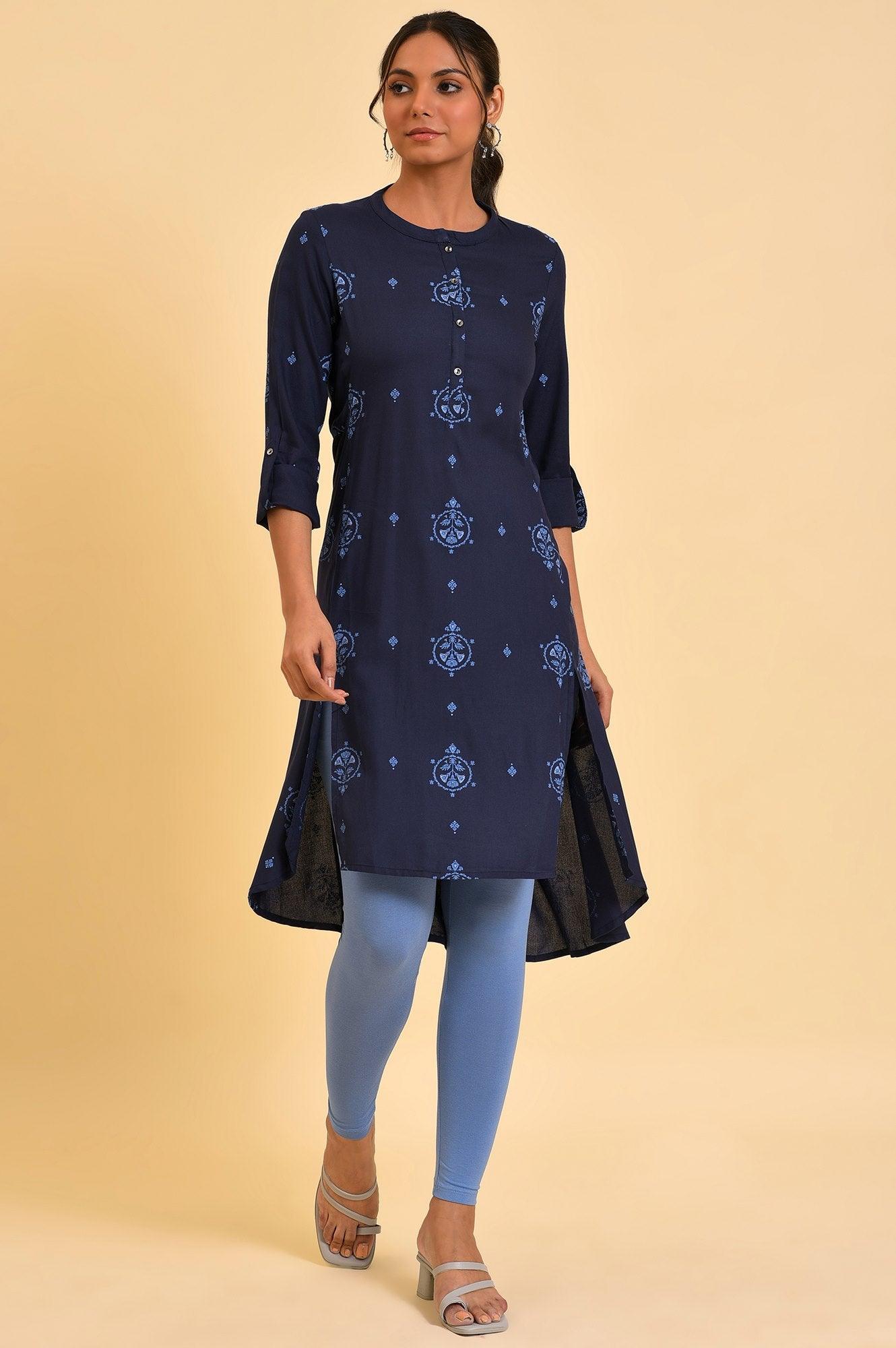 Navy Blue Printed High-Low kurta