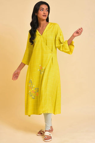 Plus Size Yellow Embroidered Checker Wrap Dress