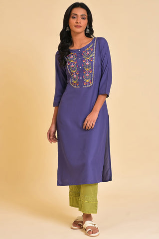 Purple Straight Kurta with Embroidered Yoke