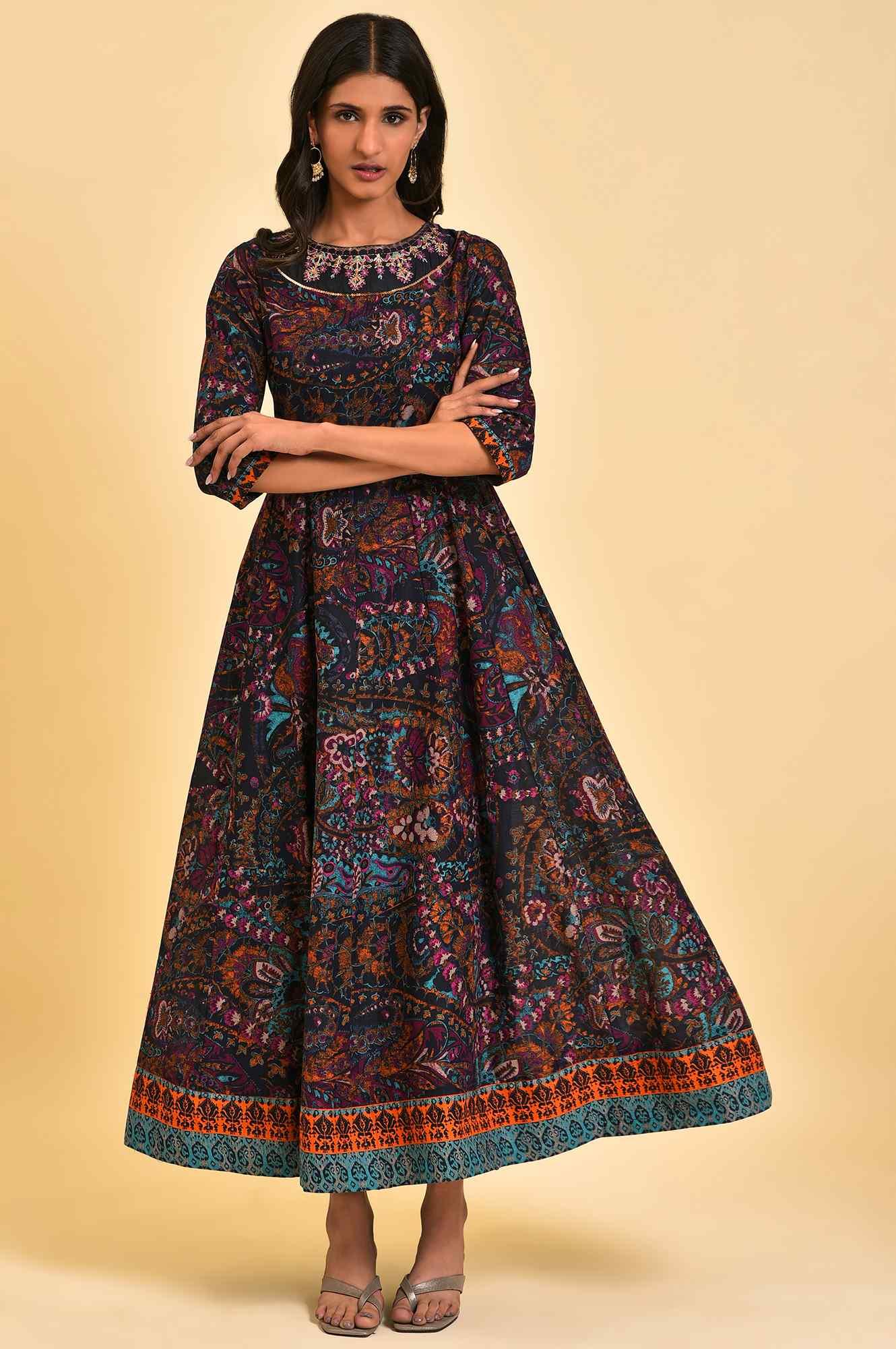 Blue Printed Kalidar Long Dress