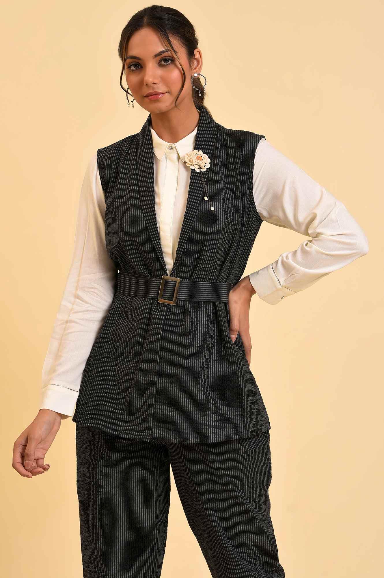 Black Yarn Dyed Western Sleeveless Jacket