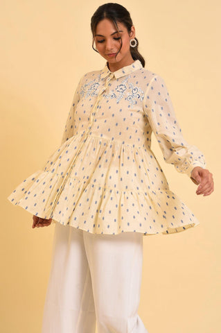 Biege Cotton Textured Top With Embroidery