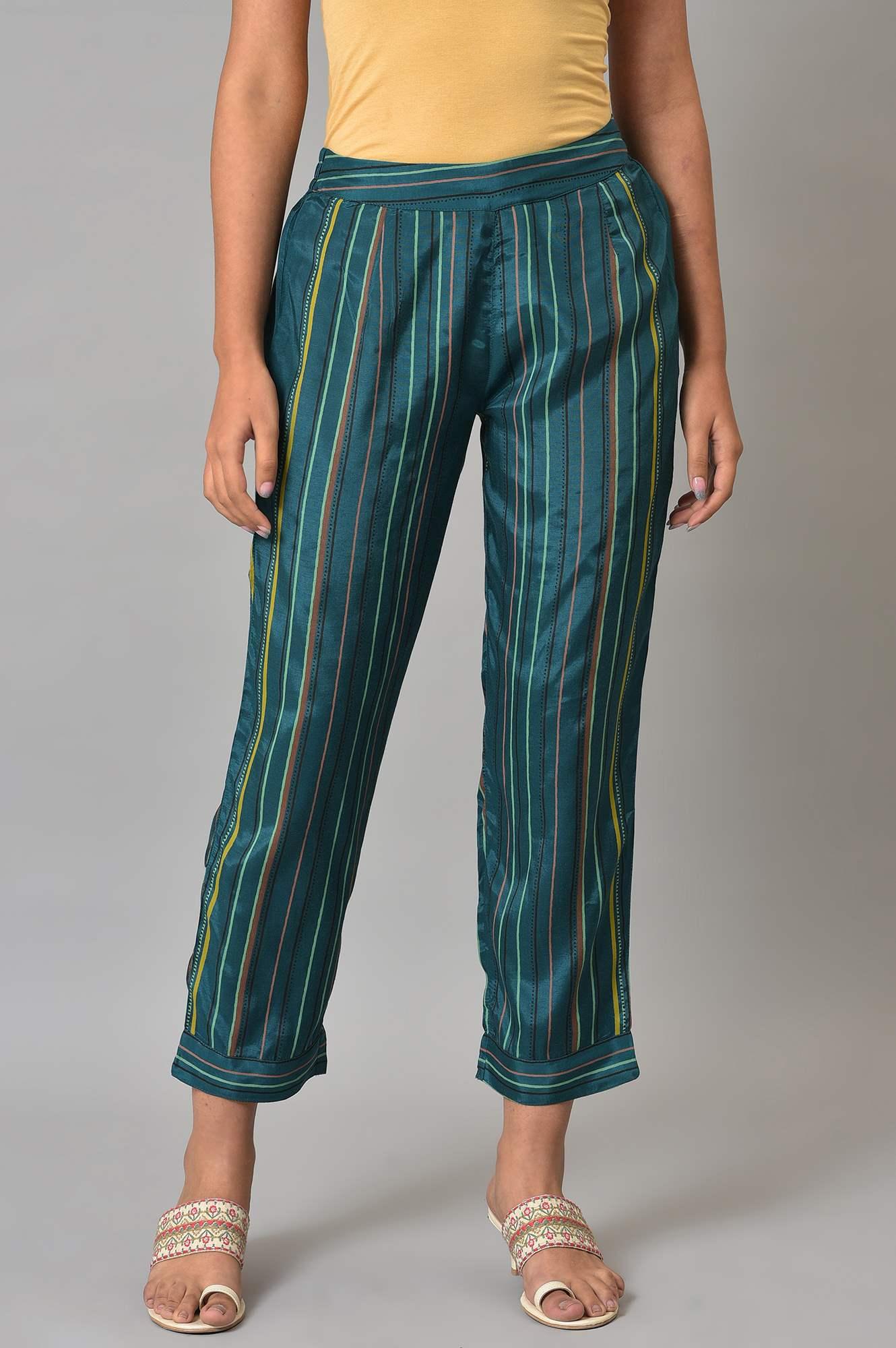 Teal Multi-Coloured Stripe Print Plus Size Pants