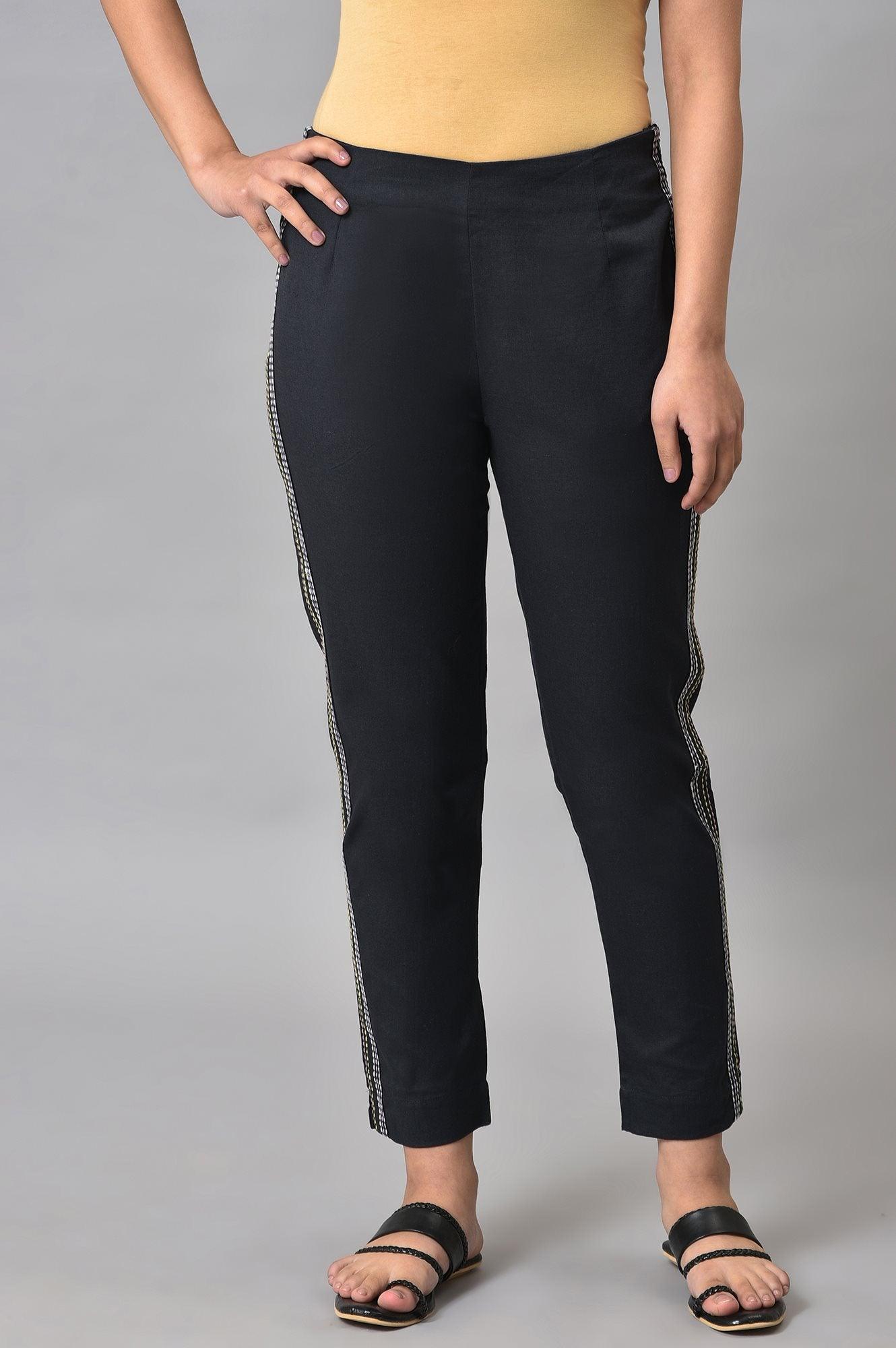 Black Parallel Pants With Side Embroidery