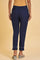 Navy Blue Cotton Slim Pants With Embroidered Hem