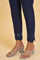 Navy Blue Cotton Slim Pants With Embroidered Hem