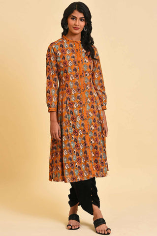 Dark Yellow Printed Shirt Dress Set