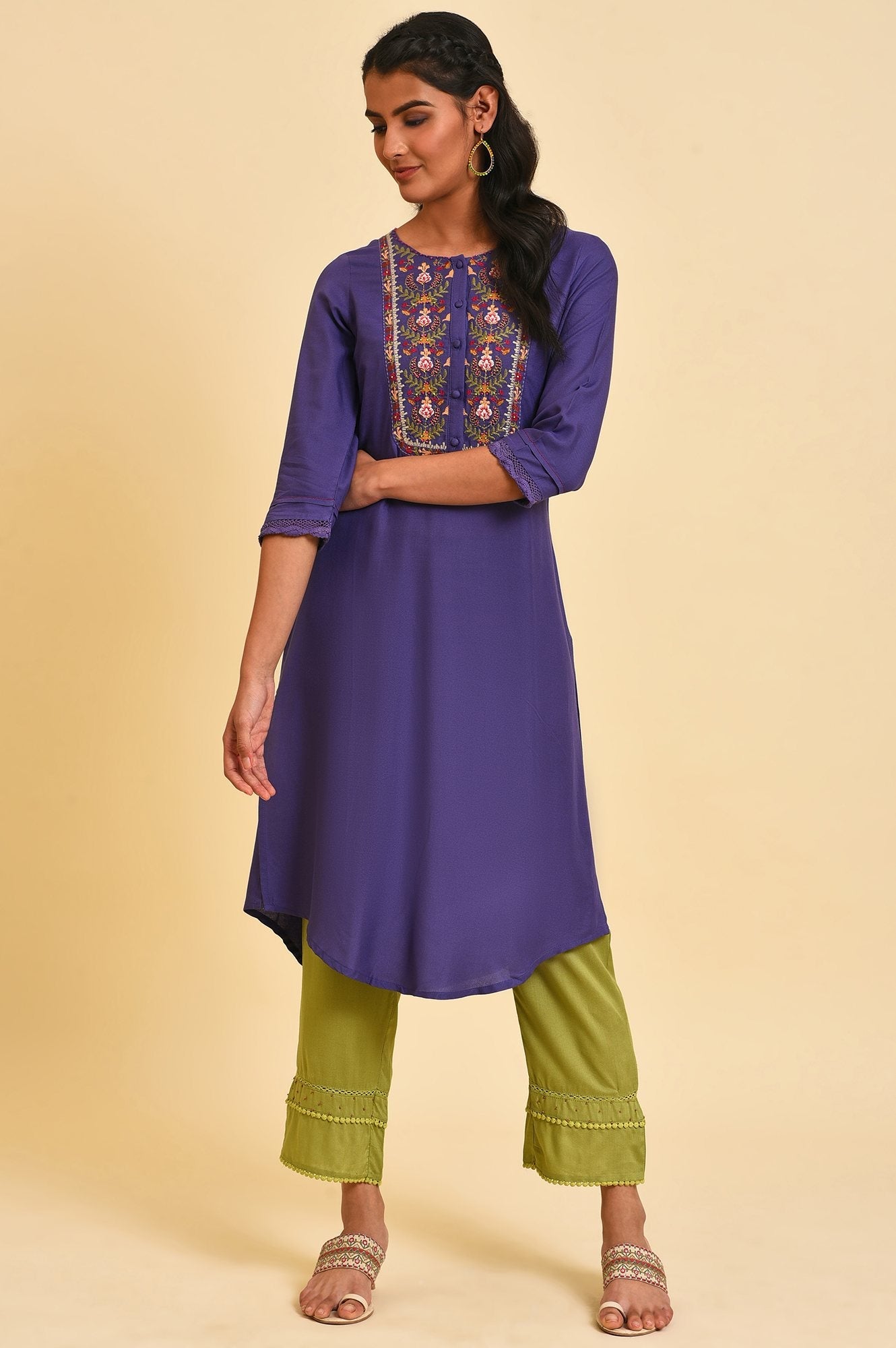 Purple Embroidered Straight kurta