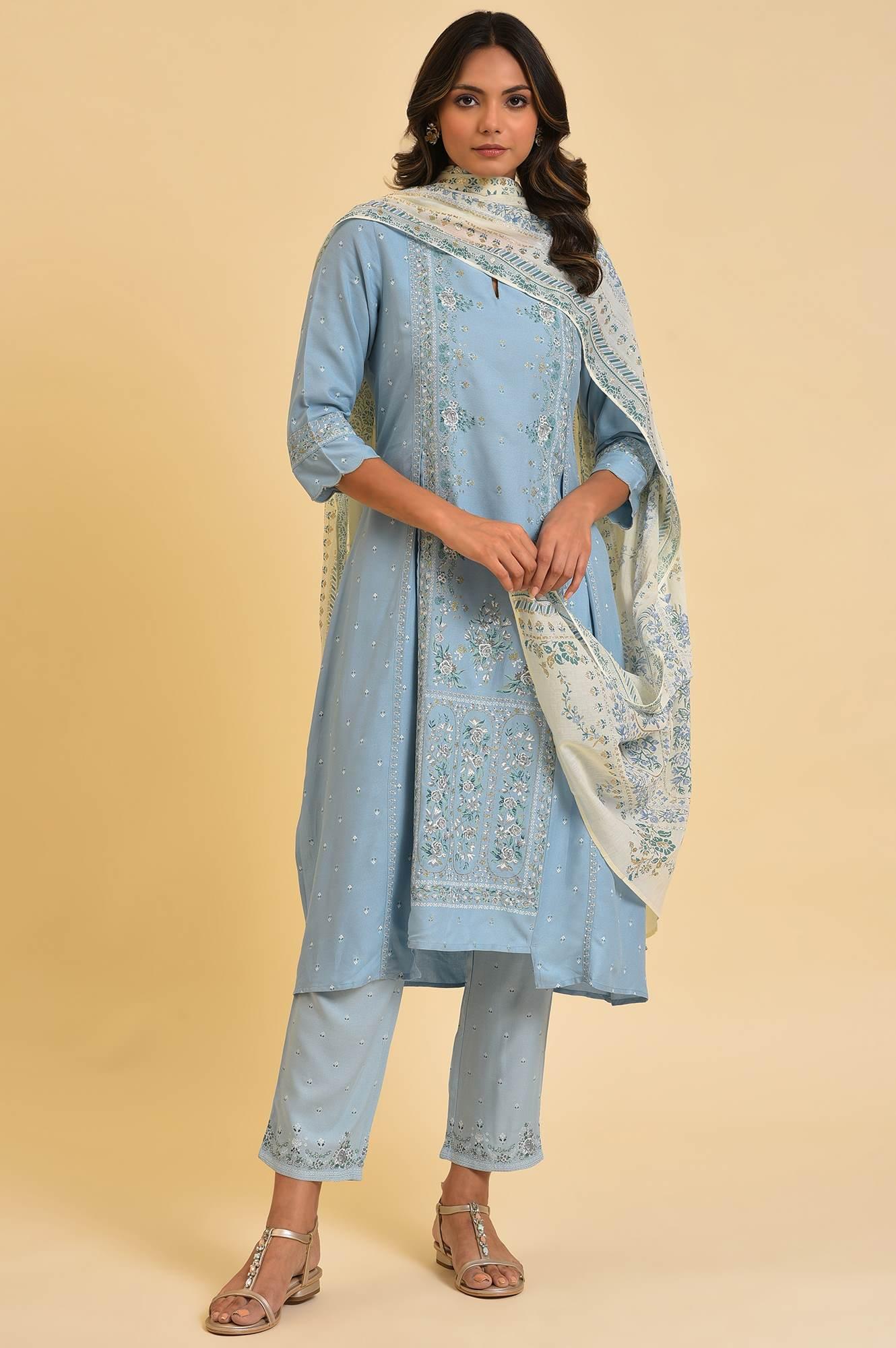 Blue Embellished kurta, Pants & Dupatta Set