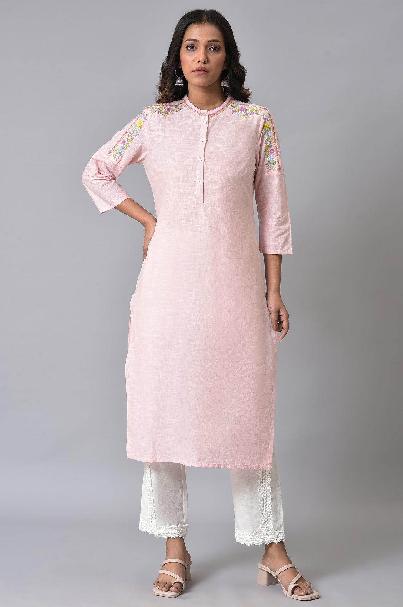 Light Pink Mandarin Collar Embroidered kurta Set