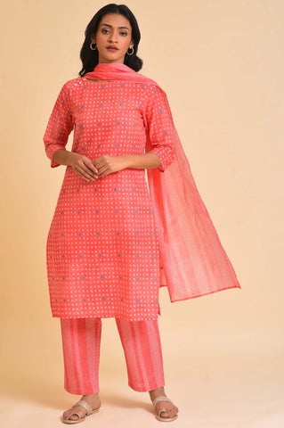 Light Red Printed Kurta, Pants & Dupatta Co-Ord Set