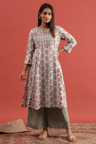 White Multi-Coloured Hand Block Print Flared Kurta