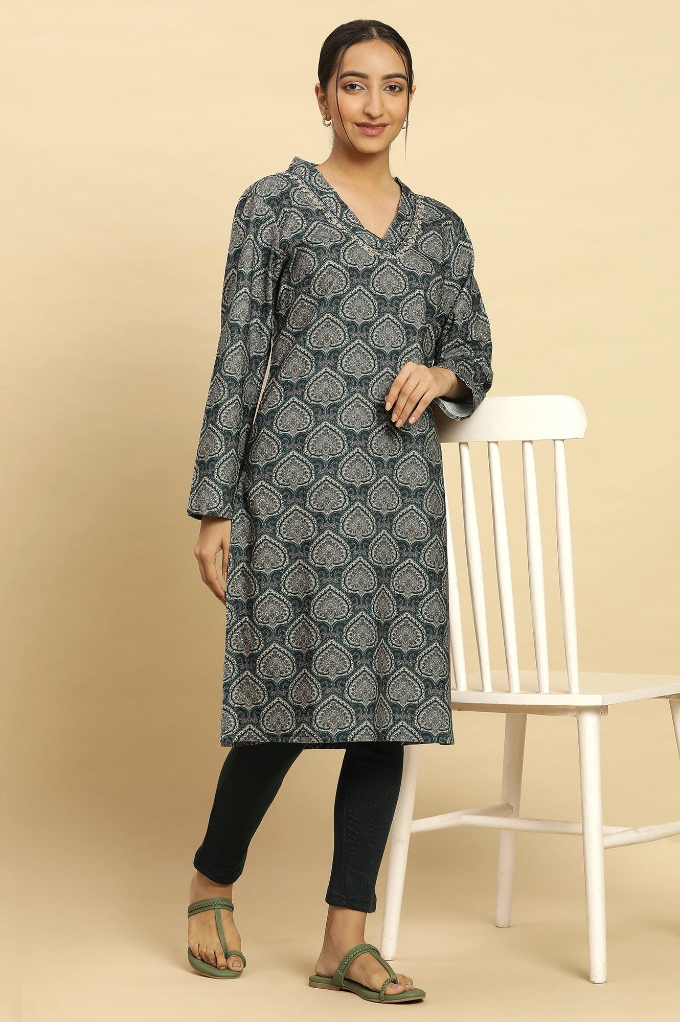 Green Printed Winter Kurta With Embroidery