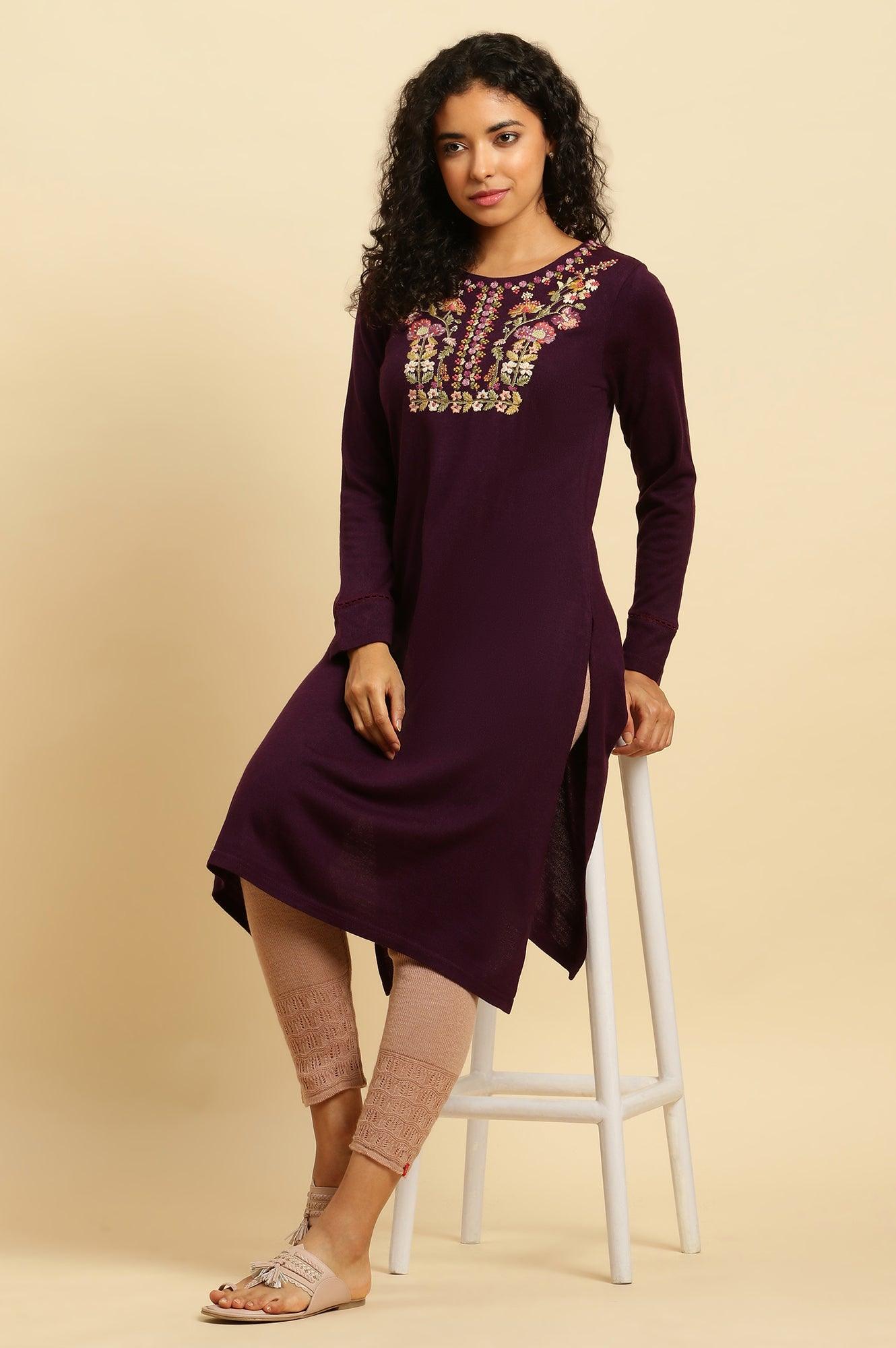 Purple Embroidered Winter Kurta And Tights Set