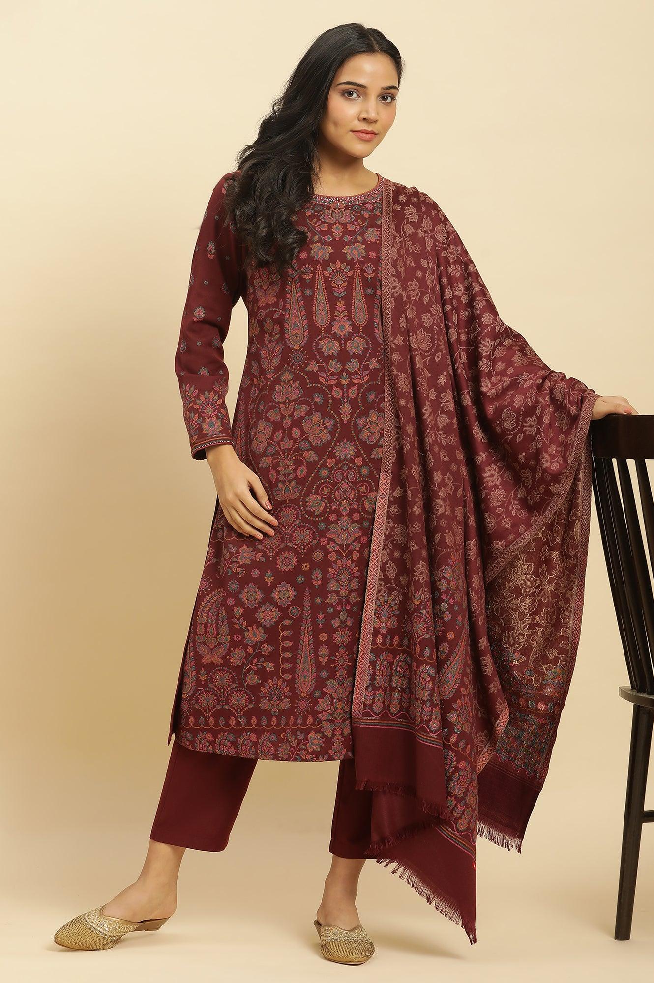 Maroon Printed Acrylic Kurta, Pants And Shawl Set