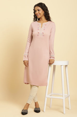 Pink Embroidered Winter Kurta And Tights Set