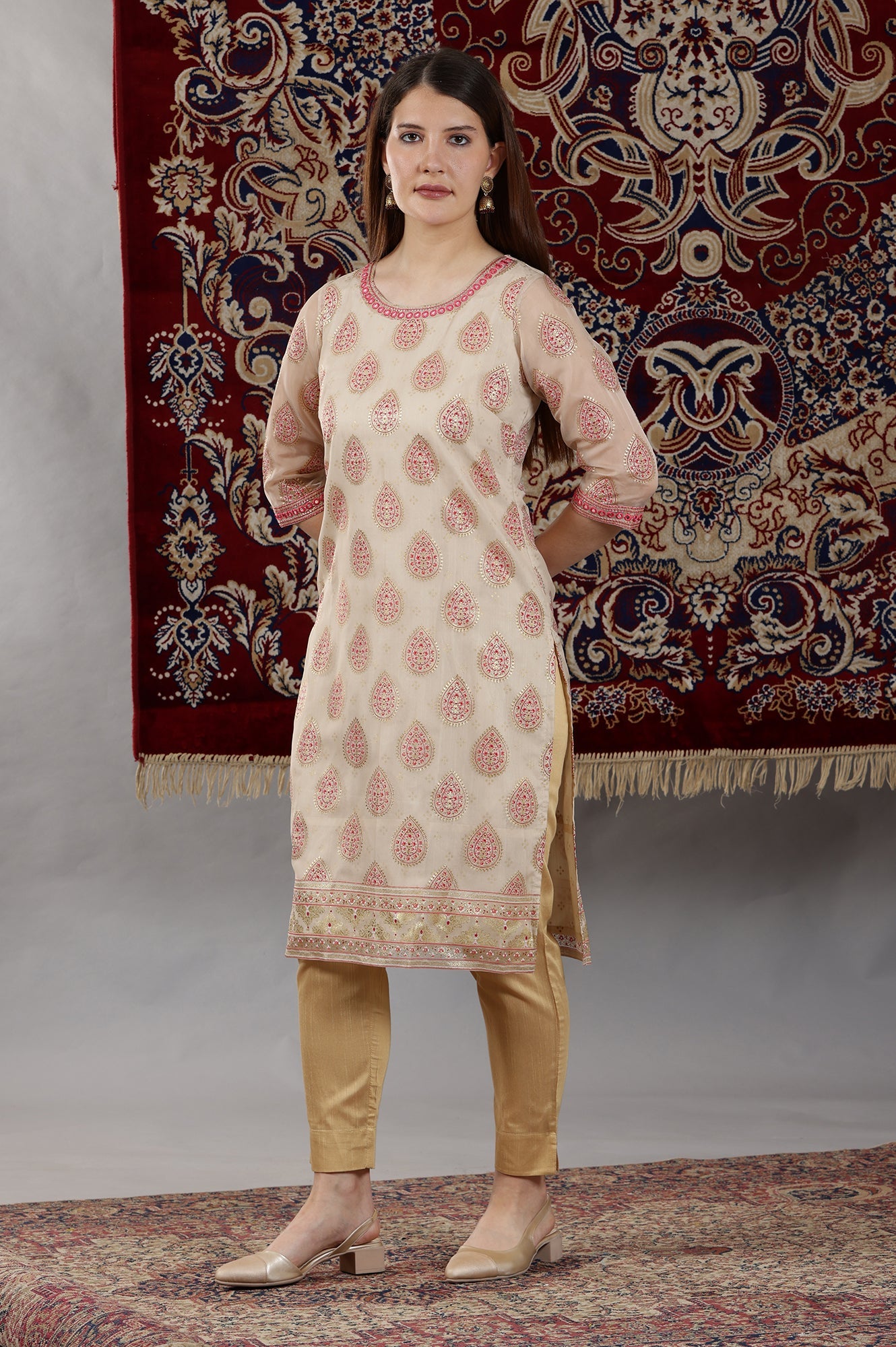 Cream Abstract Printed Organza Sheer Straight Kurta with Mirror Embroidered Neck