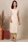 Beige Abstract Printed Georgette Kurta with Embellished Neck
