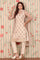 Beige Abstract Printed Embroidered Kurta, Trousers and Dupatta Set
